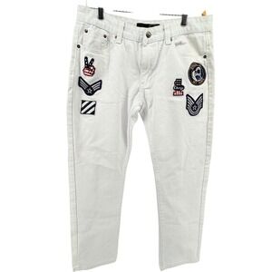 White Jeans‎ with Patches Military American Flag Theme Funky Trendy